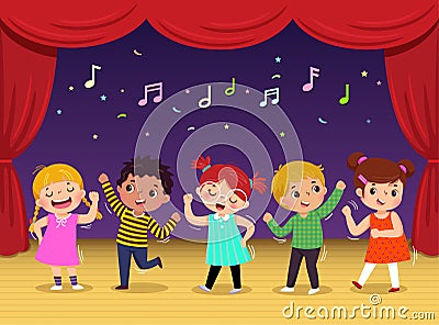 Group of kids dancing and singing a song on the stage. Childrenâ€™s performance Vector Illustration