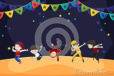 Group of kids dancing and on the stage Vector Illustration