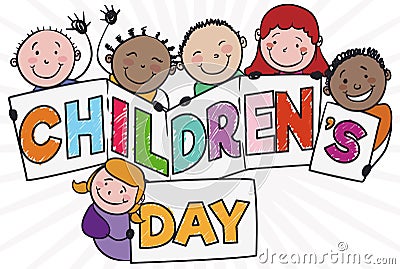 Group of Kids Holding a Greeting Sign for Children`s Day, Vector Illustration Vector Illustration