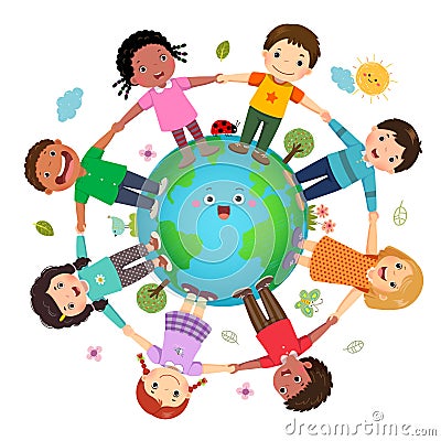 Group of kids holding hands together around the world with World Environment Day concept Vector Illustration