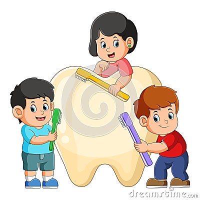 The group of kids are holding toothbrush and brushing a big tooth Vector Illustration