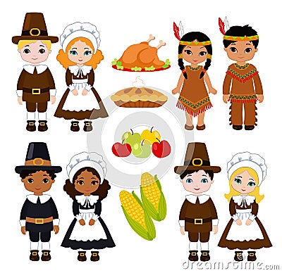 A group of kids - Indians and Pilgrims - sharing food for Thanksgiving Vector Illustration