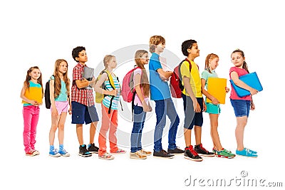 Group of kids in a line side view Stock Photo