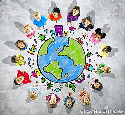 Group of Kids Looking Up with Globe Symbol Stock Photo