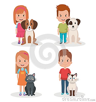 Group of kids with pets little characters Vector Illustration