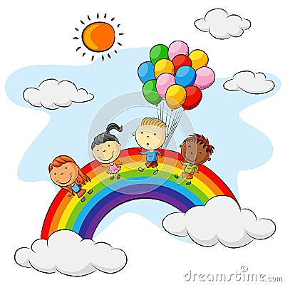 Group of kids playing above the rainbow with colorful balloons Vector Illustration