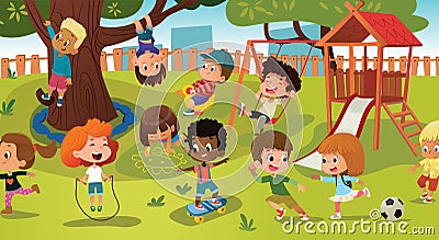 Group of kids playing game on a public park or school playground with with swings, slides, skate, ball, crayons, rope Vector Illustration