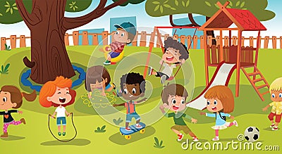 Group of kids playing game on a public park or school playground with with swings, slides, skate, ball, crayons, rope Vector Illustration