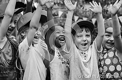 Group of kids school field trips learning outdoors active smilin Stock Photo