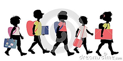 Group of kids silhouettes with backpacks, briefcases, folders and books, going to school Stock Photo