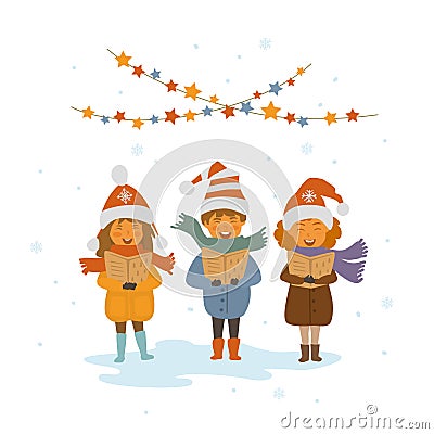 Group of kids singing christmas songs carols Vector Illustration