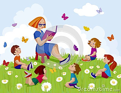 Kids sitting and listening a story Stock Photo