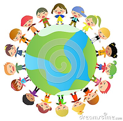 Group of kids standing around the world Vector Illustration