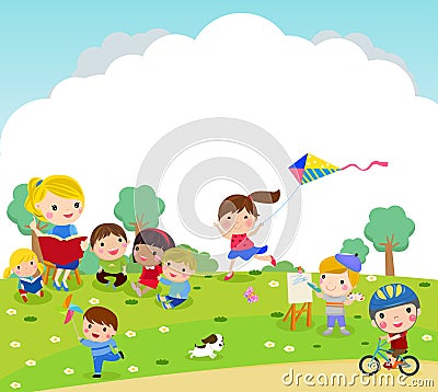 Group of kids and teacher playing outdoor Vector Illustration