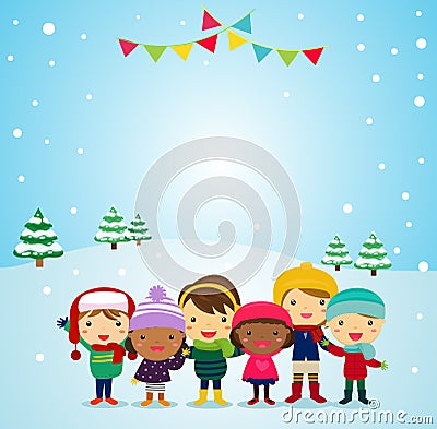 Group of Kids in winter Vector Illustration