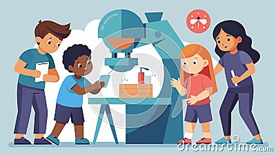 A group of kids working together to design and print a largerthanlife sculpture using multiple 3D printers.. Vector Vector Illustration