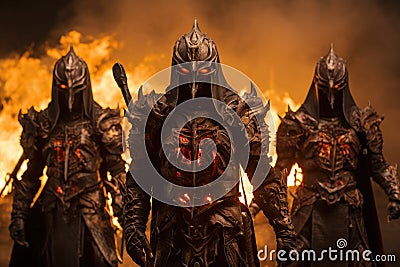 Group of Knights Standing in Front of a Fire, Witness the Warriors of Ember, masked warriors in fiery armor, each wielding a Stock Photo