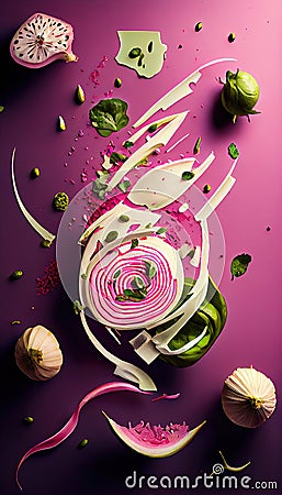 Group of Kohlrabi Vegetable Creatively Falling-Dripping Flying or Splashing on Pink Background AI Generative Stock Photo