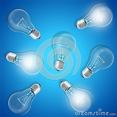 Group of lamp bulbs on blue background with glowing bulbs. Concept innovation ideas, 3d rendering Stock Photo