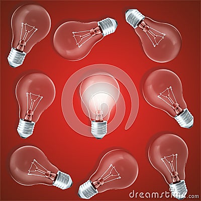 Group of lamp bulbs on red background with glowing bulbs. Concept innovation ideas, 3d rendering Stock Photo