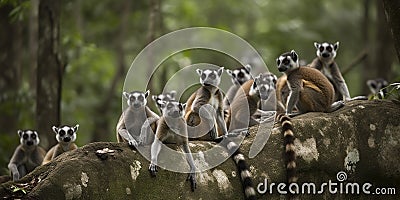 A group of lemurs sunbathing on a rocky outcropping in the jungle, concept of Primate behavior, created with Generative Stock Photo