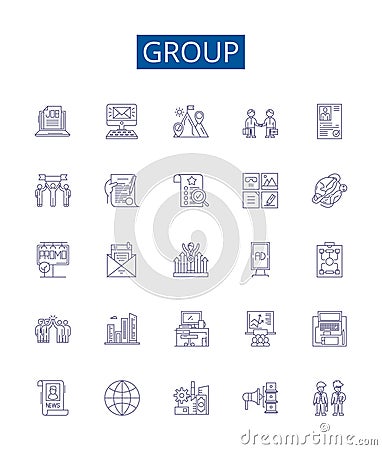 Group line icons signs set. Design collection of Collective, Crowd, Clique, Congregation, Conglomeration, Fraternity Vector Illustration