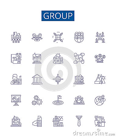 Group line icons signs set. Design collection of Collective, Crowd, Clique, Congregation, Conglomeration, Fraternity Vector Illustration