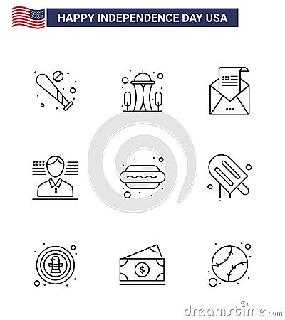 Group of 9 Lines Set for Independence day of United States of America such as hot dog; american; space; man; invitation Vector Illustration