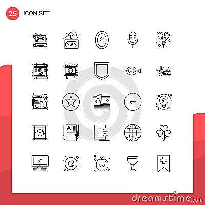 Group of 25 Lines Signs and Symbols for balloon, sound, appliances, microphone, mirror Vector Illustration