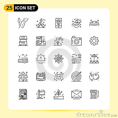 Group of 25 Lines Signs and Symbols for mask, romance, deleted, love, kiss Vector Illustration