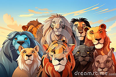 a group of lions standing together in front of a blue sky Stock Photo