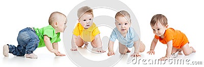 Group of little babies crawling on floor. Isolated on white. Stock Photo