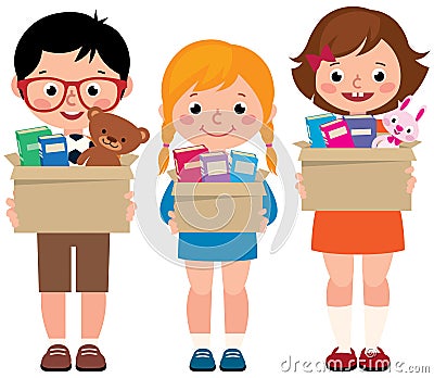 Group of little children girls and boys with boxes of donations Cartoon Illustration