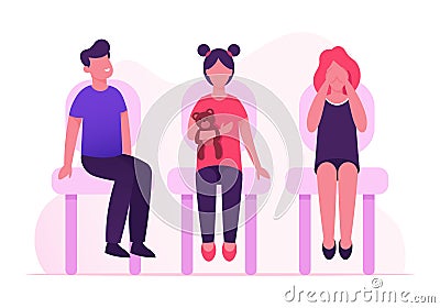 Group of Little Children Sitting on Chairs Waiting Medical Checkup or Vaccination in Hospital. Scared Girl Close Eyes Vector Illustration