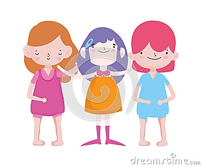 Group little girls friends cartoon character Vector Illustration