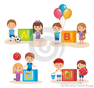 Group of little kids playing with blocks Vector Illustration