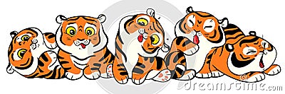 Group of little tiger cubs are sitting together Vector Illustration