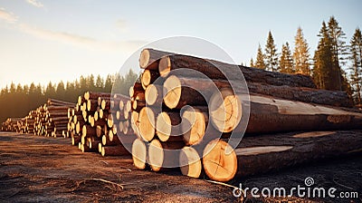 Group of Log trunks pile, Wooden trunks pine, Logging timber wood industry Stock Photo
