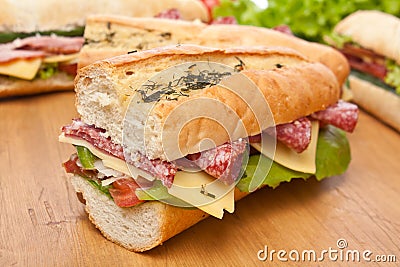 Group of Long Baguette Sandwiches Stock Photo
