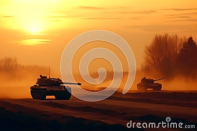 Group of main battle tanks with a city on fire on the background. One tank firing a shell from the barrel. Military or Stock Photo