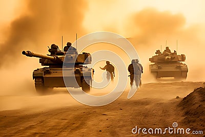 Group of main battle tanks with a city on fire on the background. One tank firing a shell from the barrel. Military or Stock Photo