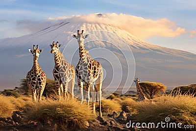 A group of majestic giraffes standing together in front of a towering mountain, showcasing the beauty of nature, Three giraffe on Stock Photo