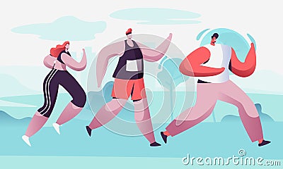 Group of Male and Female Characters Running Marathon Distance in Raw. Sport Jogging Competition. Athlete Sprinter Sportsmen Vector Illustration