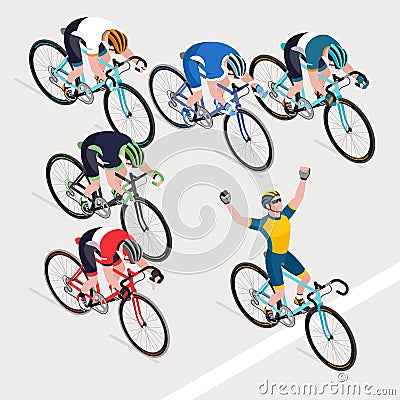 Group of man`s cyclists in road bicycle racing got the winner bi Vector Illustration