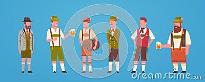 Group Of Man Waiters Wearing German Traditional Clothes Male Holding Beer Mugs Vector Illustration