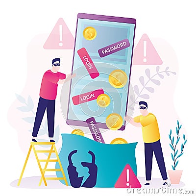 Group masked thiefs or hackers steal passwords and money. Cyber criminal steal personal data from smartphone. Mobile phishing Vector Illustration