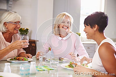 Group Of Mature Female Friends Enjoying Meal At Home Stock Photo