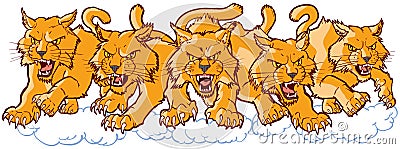 Group of Mean Wildcat Cartoon Mascots Charging Forward Vector Illustration