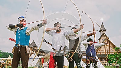 Group of medieval archers are training on archery Stock Photo