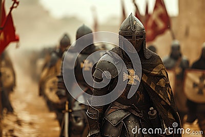 Group of medieval templar knights in full armor marching with banners in a misty background. Stock Photo